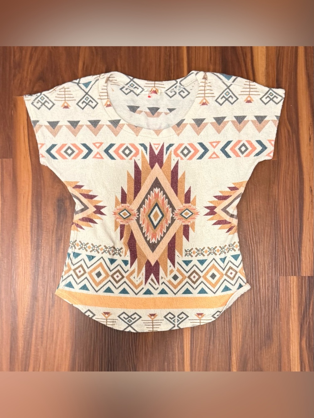 USA Southwestern Aztec Geometric Print Short Sleeve Top Cream Boho Size S*